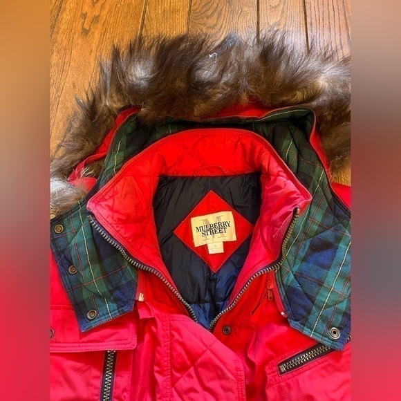 Mulberry Street Outerwear Red Puffy Goose Down Jacket with silver Fox fur Small - Picture 2 of 8